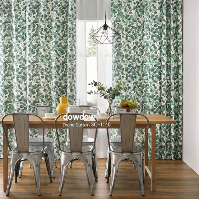 【北欧モダン】ユーカリの枝葉プリントの遮光カーテン【SC-1140】グリーン
