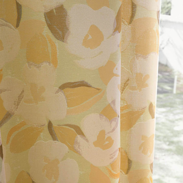 【北欧モダン】ツバキのジャガード織のドレープカーテン【SC-1147】イエロー＆ベージュ