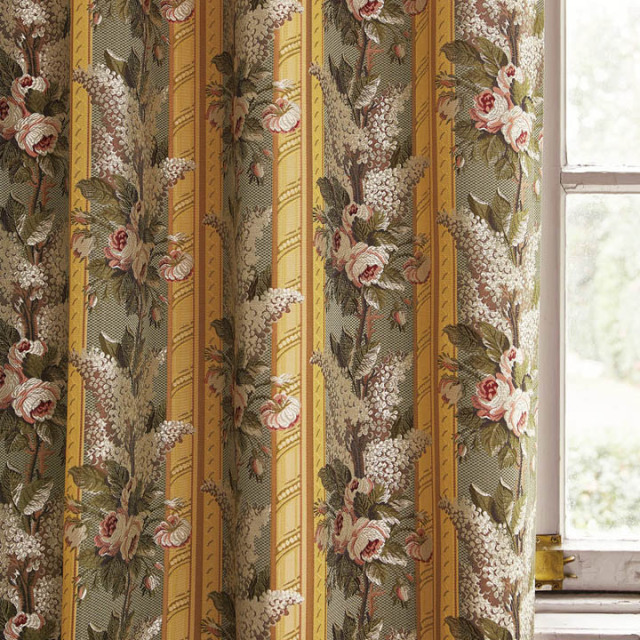【アンティーククラシック】バラとリラの花柄のジャガード織のドレープカーテン【SC-1221】グリーン＆ゴールド
