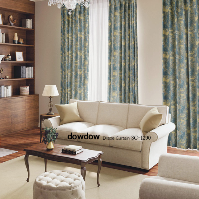 【アンティークラシック】アラベスクの花柄のジャガード織のドレープカーテン【SC-1290】ブルーグリーン