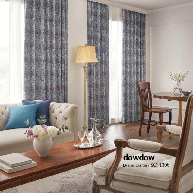 【アンティークラシック】クラシック柄のジャガード織のドレープカーテン【SC-1306】ブルーグレー