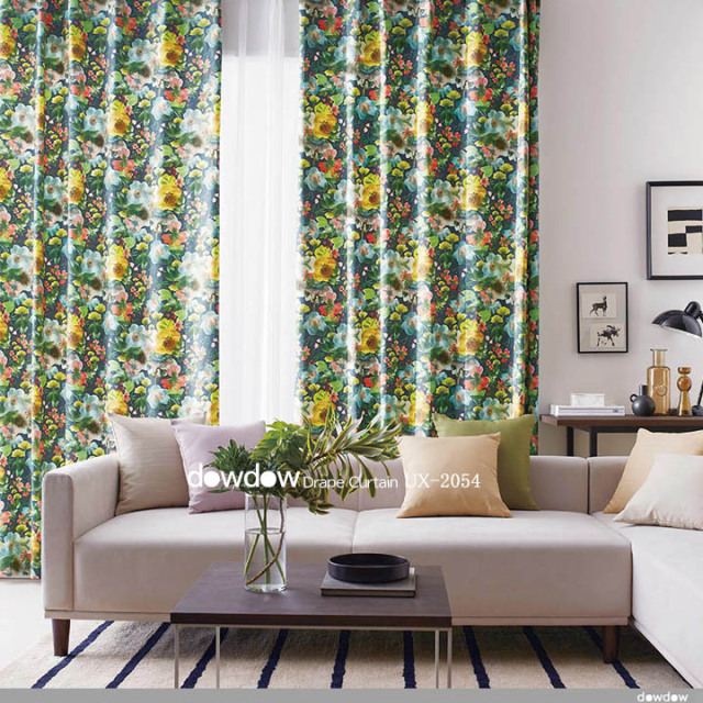 北欧モダン】初夏の牧草地の花々のプリントのドレープカーテン【SC