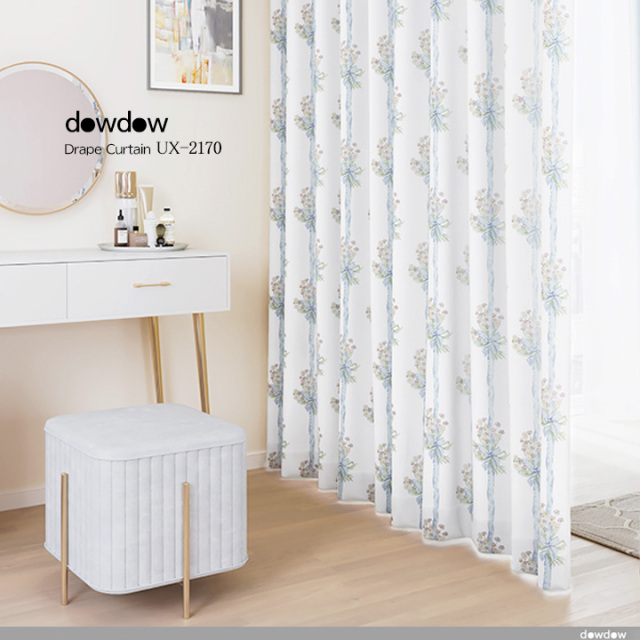 【シャビーシック】デイジーの花束柄のドレープカーテン＆シェード【UX-2170】ホワイト＆ブルー