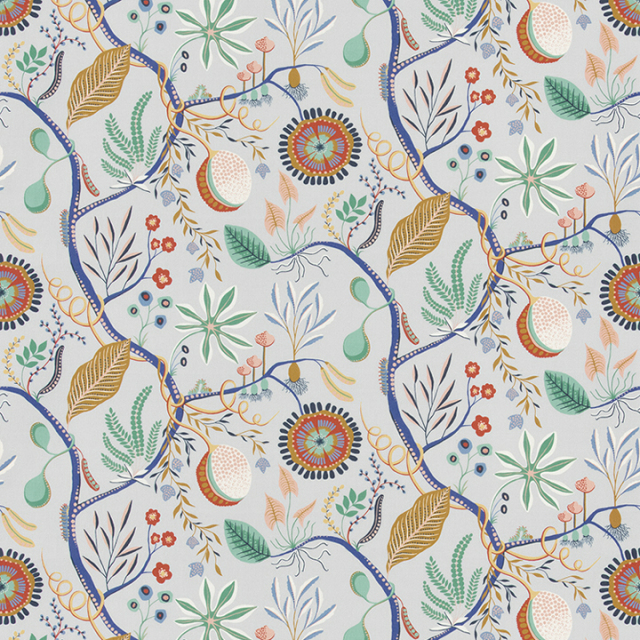 【ミッドセンチュリー】レトロな花柄のドレープカーテン【UX-7484】ライトグレー