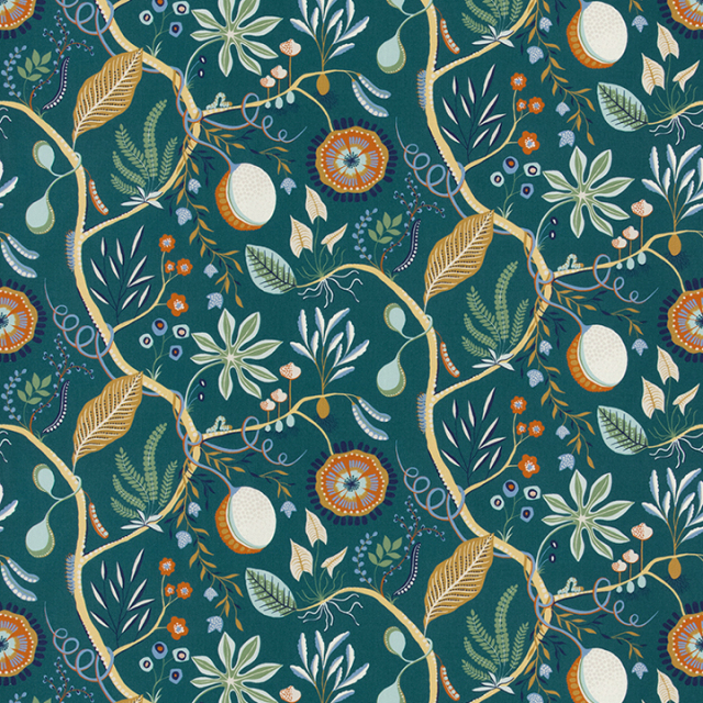 ミッドセンチュリー】レトロな花柄のドレープカーテン【UX-7485】グリーン