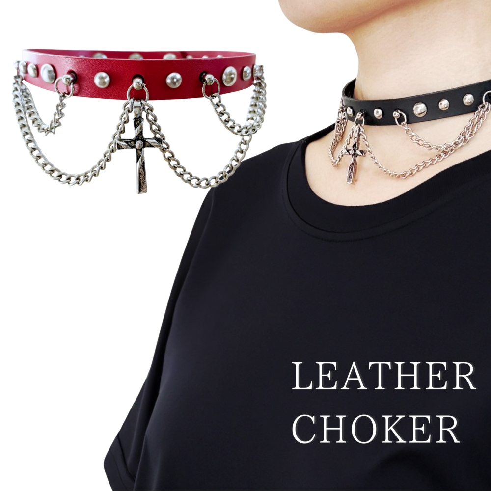 チョーカー 黒 レザー 太め 本革 十字架 クロス チェーン付き メンズ レディース 首輪 アクセサリー メール便 送料無料 dplus arts