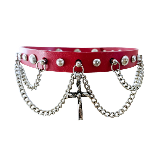 ハードで個性的！黒レザー×十字架チェーン チョーカー 太め 本革