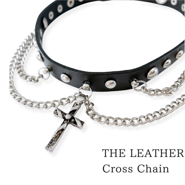 ハードで個性的！黒レザー×十字架チェーン チョーカー 太め 本革