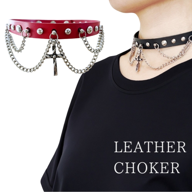 チョーカー レザー 赤 レッド 太め 本革 十字架 クロス チェーン付き メンズ レディース 首輪 アクセサリー メール便 送料無料 dplus arts