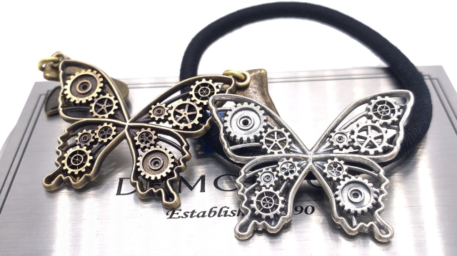 スチームパンクなチョウのヘアゴム、シルバー925製