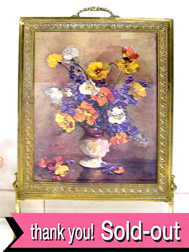 １９５０年代：オイルペインティング♪英国のお花たちが咲いた真鍮のフレームのファイヤースクリーン