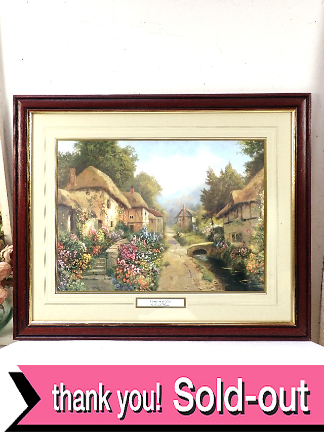＜英国ミッドセンチュリー：特大＞「Cottage by the Leat by Daniel Sherrin 」花盛りの水路のあるカントリーコテージ♪英国カントリーサイドの心安らぐ風景のとても大きな額