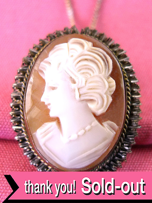 ＜英国スターリングシルバー＞１９２０年代：優雅な銀細工♪美しい女性の横顔のシェルカメオの２WAYのアンティーク・ネックレス