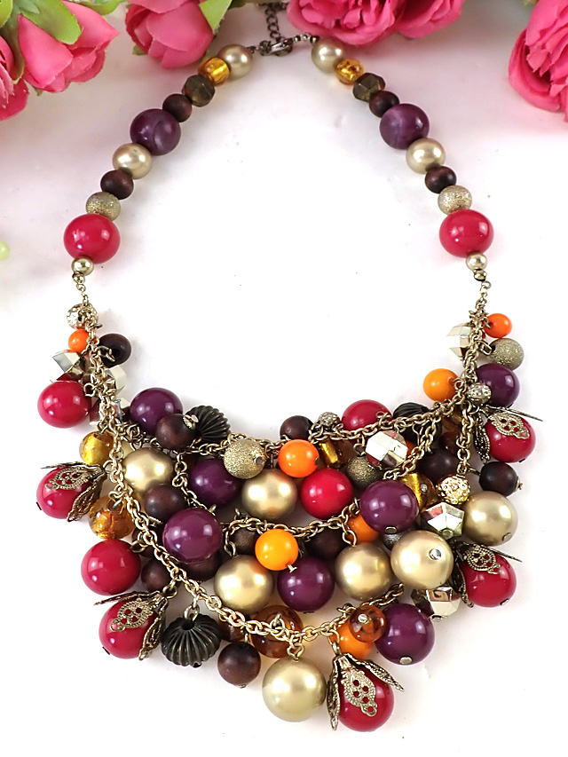 ＜英国コスチュームジュエリー＞沢山のお色のボールたち♪フォークロアな空気がおしゃれなロングネックレス