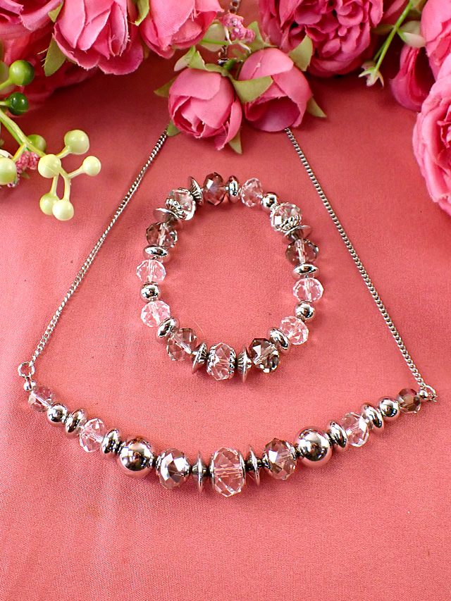 ＜英国ミッドセンチュリー＞銀細工とクリスタルの競演♪現代美術品のようなアートフルなネックレス＆ブレスレッド「２点セット」