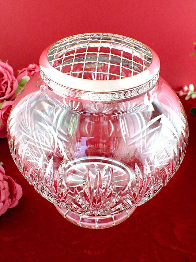 ＜DOULTON＞１９３０年代：シルバープレートの網♪容量１６００cc高品質なクリスタルガラスのカットが美しいとても大きなアレンジメントローズボウル