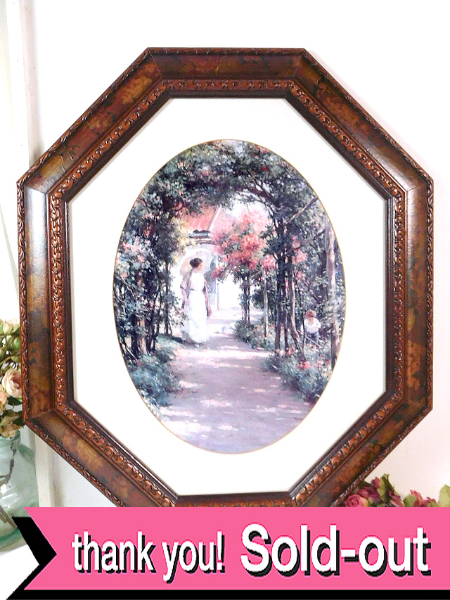 ＜英国ビンテージ＞ヴィクトリアン時代の英国カントリーサイド♪バラのアーチが素晴らしいとても大きな八角形の額