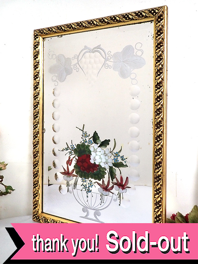 １９３０年代：華やかなヴィクトリアンデザイン♪お花とぶどうが素晴らしい金色に輝く大きな英国アンティークミラー