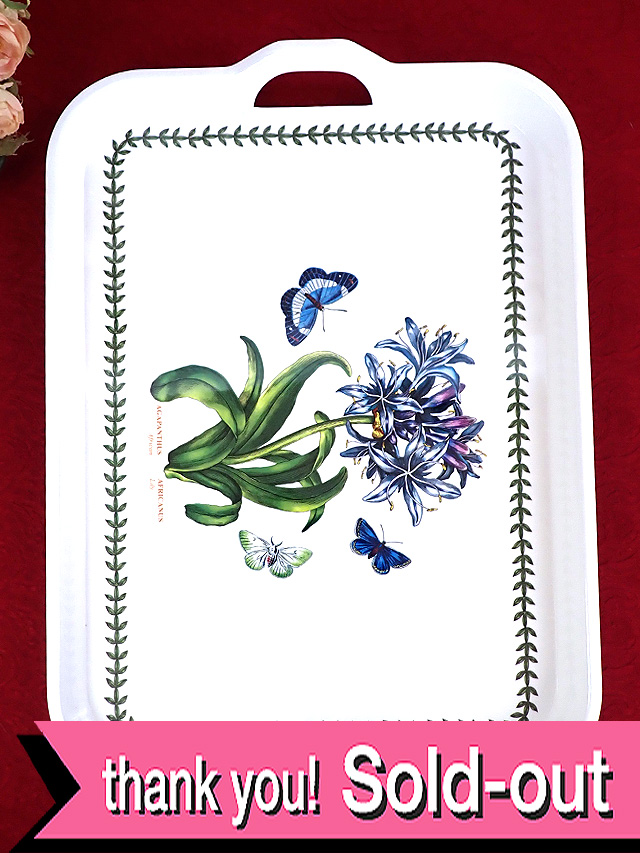 ＜ポートメリオン：デッドストック＞「botanic garden」♪全長５２cm：青いアガパンサスと蝶々のボタニカルアートのとても大きなトレイ