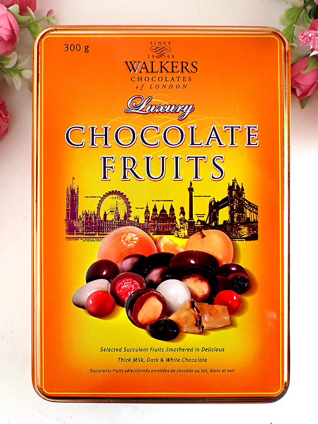 ＜英国ビンテージ＞英国の人気お菓子ブランド「WALKERS」♪CHOCOLATE FRUITSの大きくて美しいＴＩＮ缶