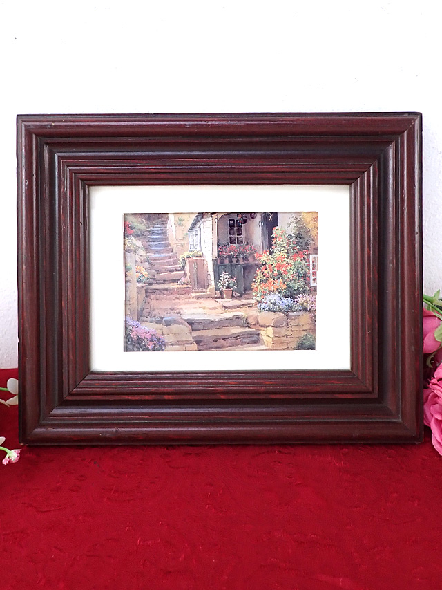 ＜英国ミッドセンチュリー＞花盛りのハニーストーンの石段♪英国カントリーサイドの心安らぐ風景の水彩画の額