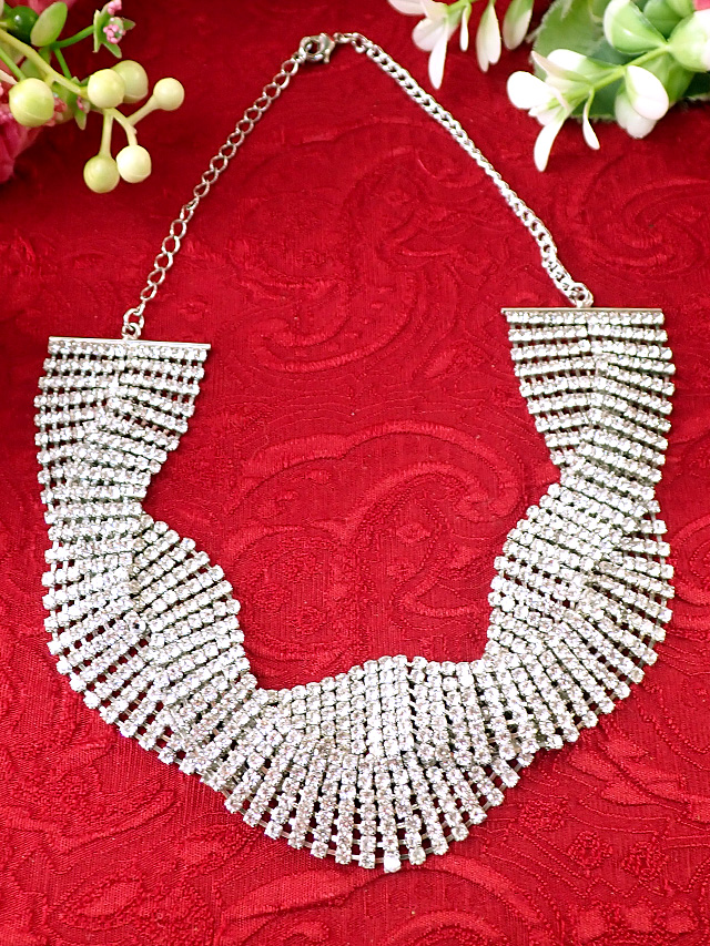 ＜英国ミッドセンチュリー＞チェーン全体がキュービックジルコニア♪銀色に輝くシルバープレートの２WAYネックレス