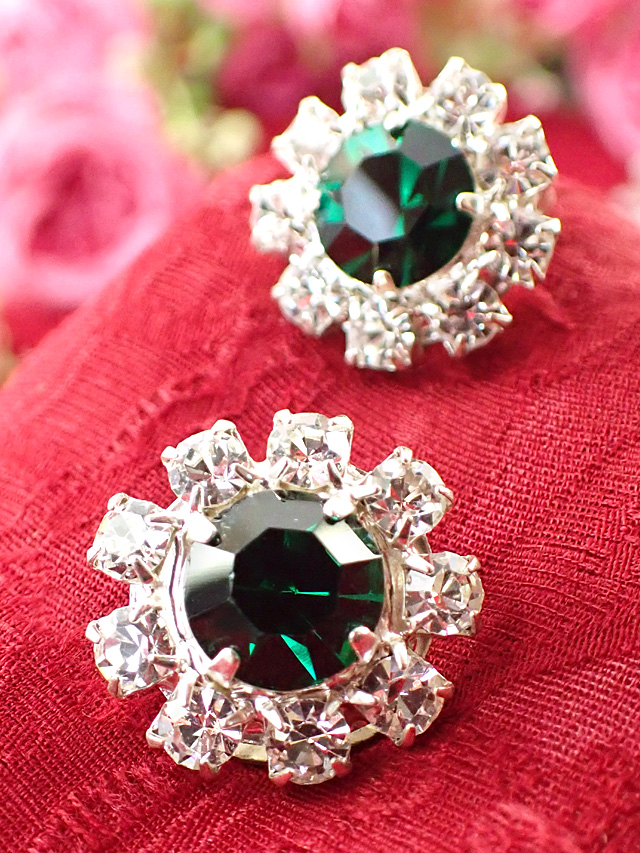 ＜英国ミッドセンチュリー＞優雅なエメラルドグリーンの大粒クリスタル♪キュービックジルコニアも輝くイヤリング