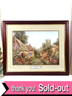 ＜英国ミッドセンチュリー：特大＞「Cottage Gardens by Daniel Sherrin 」花盛りのイングリッシュガーデンのカントリーコテージ♪英国カントリーサイドの心安らぐ風景のとても大きな額