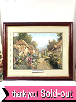 ＜英国ミッドセンチュリー：特大＞「Cottage by the Leat by Daniel Sherrin 」花盛りの水路のあるカントリーコテージ♪英国カントリーサイドの心安らぐ風景のとても大きな額