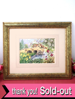 ＜英国ビンテージ＞「VIllage Bridge & Wild Flowers」♪英国カントリーサイドの心あたたまる川辺の風景の額