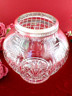＜DOULTON＞１９３０年代：シルバープレートの網♪容量１６００cc高品質なクリスタルガラスのカットが美しいとても大きなアレンジメントローズボウル