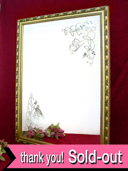 １９３０年代：立体的で豪華な金色の木工細工の額♪全長８３cmお花と野鳥さんが素晴らしいとても大きな英国アンティークミラー