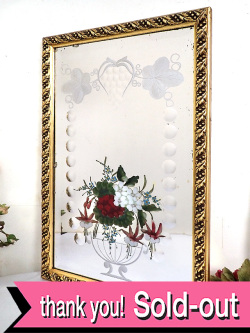 １９３０年代：華やかなヴィクトリアンデザイン♪お花とぶどうが素晴らしい金色に輝く大きな英国アンティークミラー