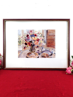 ＜フランス＞Vincent Breton♪テーブルの上の美しいお花たち♪水彩画が美しい大きな額