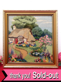 ＜英国ビンテージ＞英国カントリーサイドの花盛りのコテージ♪とても大きな手刺繍の額