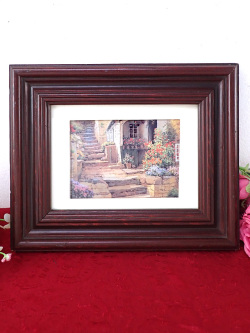 ＜英国ミッドセンチュリー＞花盛りのハニーストーンの石段♪英国カントリーサイドの心安らぐ風景の水彩画の額