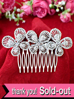 ＜英国デッドストック：未使用品＞銀色のロマンチックな３つのお花♪キュービックジルコニアも輝くお花の髪飾りコーム