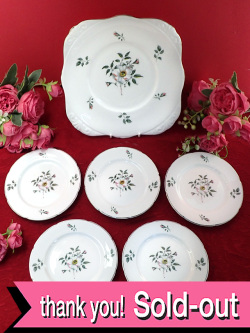 ＜Royal Grafton＞美しい白いオールドローズ♪大皿＆ケーキ皿の優雅なバラのお花のお皿セット「６枚組」