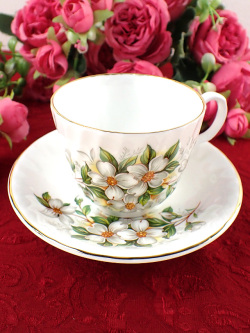 ＜英国ミッドセンチュリー＞英国カントリーサイドのお花たち♪ハナミズキのお花と金彩が美しいカップ＆ソーサー