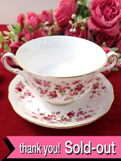 ＜Queen Anne＞「Cascade Rose」♪優雅なピンクのバラの大きなスープカップ＆ソーサー