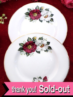 ＜Royal Grafton＞美しい赤と白のオールドローズ♪たっぷりとした金彩も優雅なケーキ皿「２枚組」