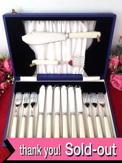 ＜英国銀器＞１９３０年代：天然ボーン（水牛の角）の持ち手♪ハンドメイドの銀細工が優雅なシルバープレートのカトラリー「１４本セット：お箱付」