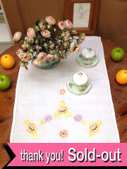★３５％OFF★＜英国ハンドメイド＞英国カントリーサイドの野の花たち♪全長６４cmアンティークリネンの長方形のとても大きなセンタードイリー：通常料金3220円→