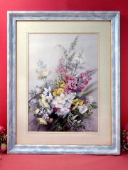 ★３５％OFF★＜英国ミッドセンチュリー：特大＞白い野の花たちの水彩画♪上品で華やかなとても大きな額；通常価格9680円→
