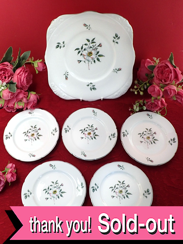 ＜Royal Grafton＞美しい白いオールドローズ♪大皿＆ケーキ皿の優雅なバラのお花のお皿セット「６枚組」