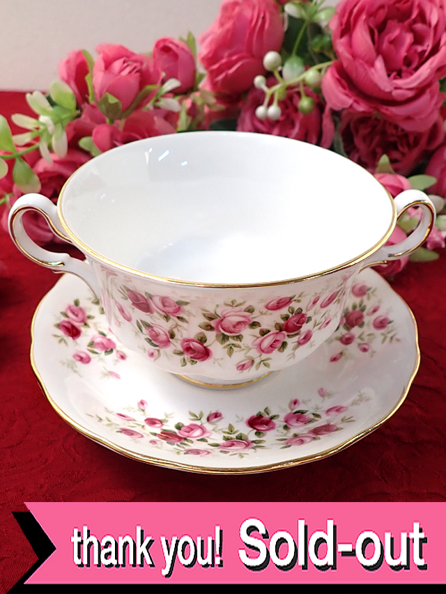 ＜Queen Anne＞「Cascade Rose」♪優雅なピンクのバラの大きなスープカップ＆ソーサー