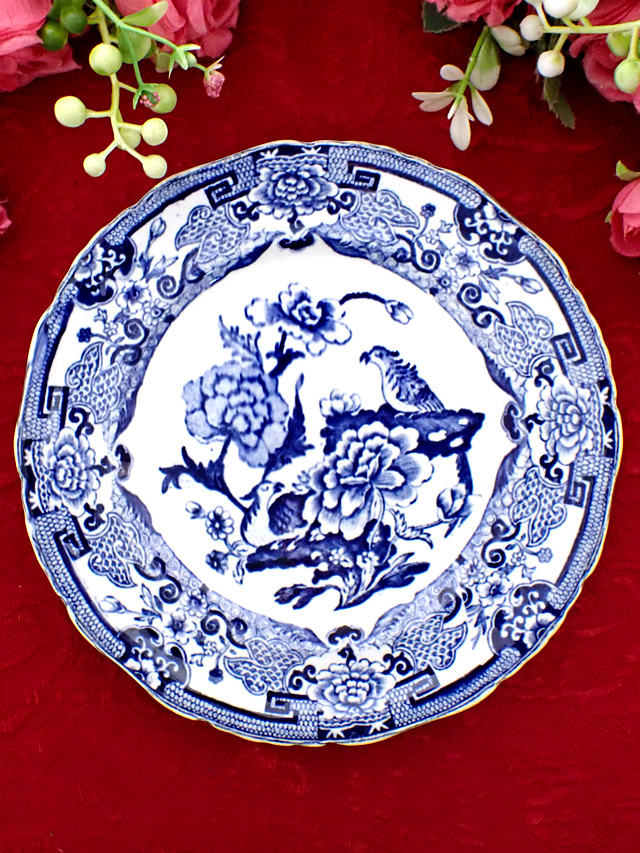 ＜MASON'S＞１９１０年：ジョージアン時代♪鳥とボタンのお花たちがオリエンタルなアイアンストーンのブルー＆ホワイトのお皿「スタンド付き」