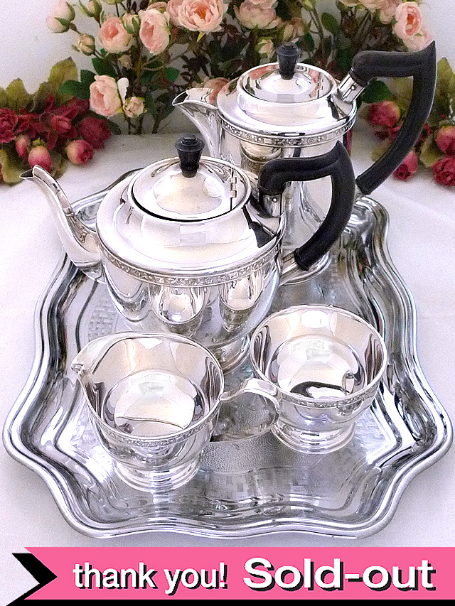 ＜英国銀器＞１９４０年代：「VINERS」優雅なお花たちの銀細工が美しいティーセット「５点セット」