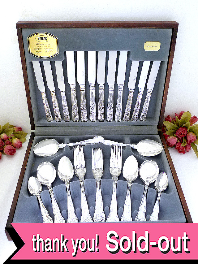 ＜英国銀器：VINERS＞超レア♪みごとなシルバープレートのカトラリー４４本セット「収納木箱付」