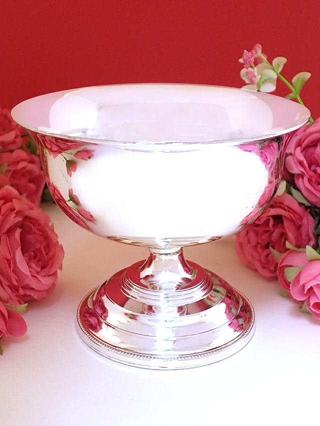 ＜英国ビンテージ：レア♪＞銀細工が優雅♪シルバープレートの大きな台座付コンポート「ミニパンフ付き」